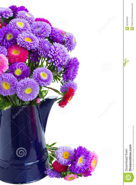 Bouquet Of Aster Flowers In Blue Pot Stock Photo Image