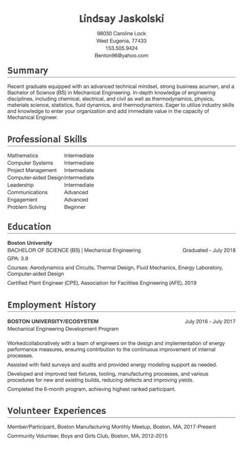 A curriculum vitae (cv), latin for course of life, is a detailed professional document highlighting a person's education, experience and accomplishments. engineering resumes Resume Example | Resume.com