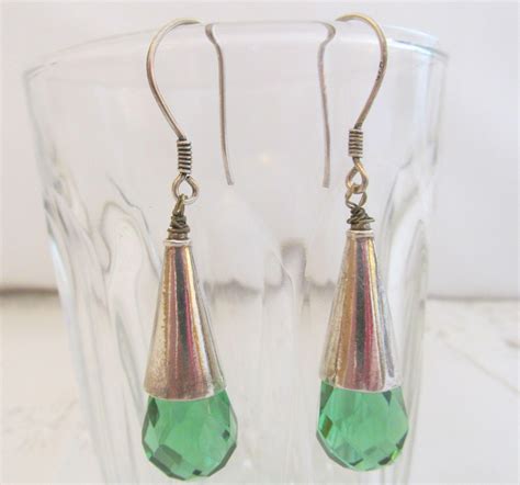 Art Deco Sterling Green Faceted Glass Drop Pierced Earrings Earings