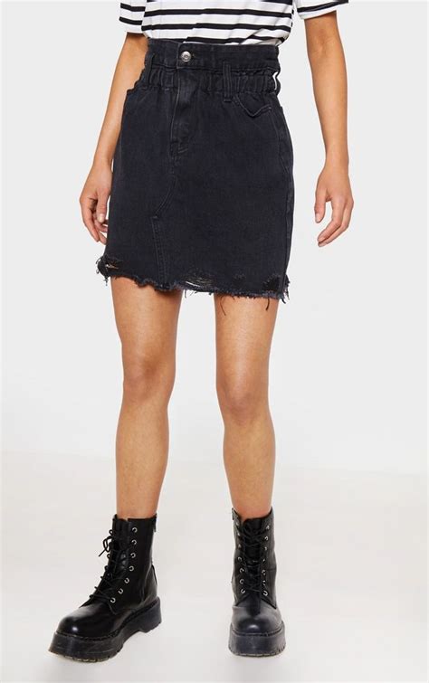 Washed Black Elastic Waist Paperbag Denim Skirt Skirts Denim Skirt
