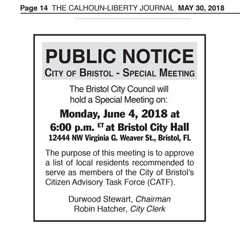 City Of Bristol Public Notice Of Special Meeting