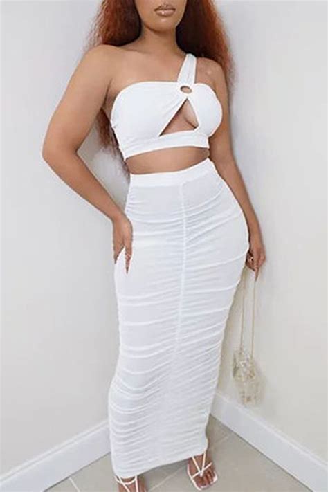 Fashion White Sexy Solid Hollowed Out Patchwork Fold One Shoulder Sleeveless Two Pieces For Sale