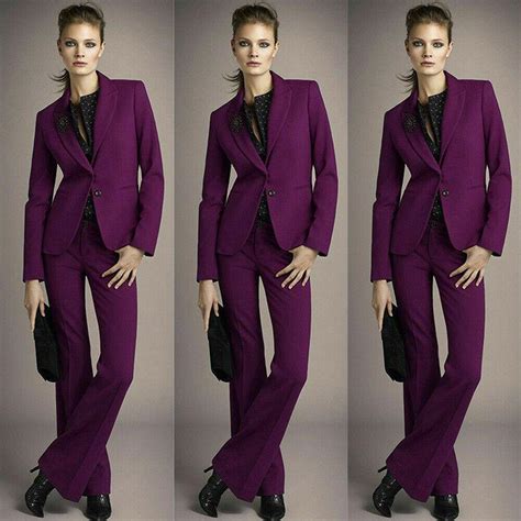 Purple Formal Womens Pant Suits Slim Fit Mothers Dress Ladies Office