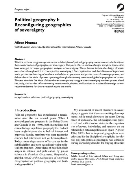 Pdf Political Geography I Reconfiguring Geographies Of Sovereignty