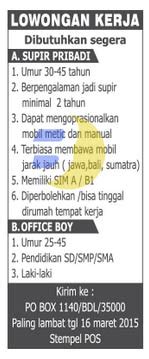 Untuk informasi lowongan supir harian tangerang dapat langsung mengirmkan lamaran dan cv anda melalui email supir.net : Lowongan Kerja Driver dan Office Boy Lampung