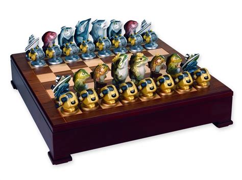 A Wooden Chess Board With Many Different Figurines On Its Sides