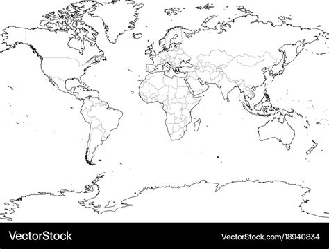 World Map Outline Thin Country Borders And Thick Vector Image