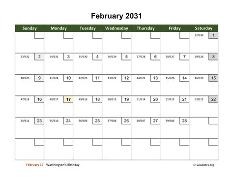 February 2031 Calendar With Day Numbers