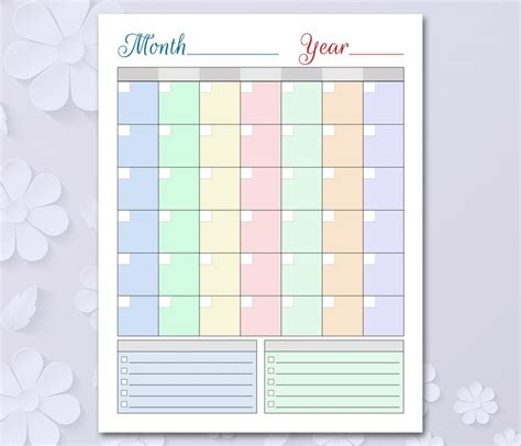 Colored Blank Calendar Printable Blank Perpetual Calendar Etsy