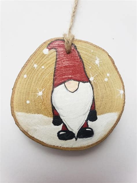Hand Painted Christmas Gnome Wood Ornaments Wood Slice Etsy Wood