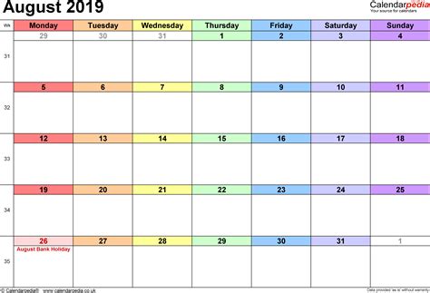 Calendar August 2019 Uk Bank Holidays Excelpdfword Templates