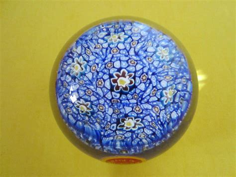 Murano Glass Paperweight Millefiori Blue Flowers Designer Unique Finds