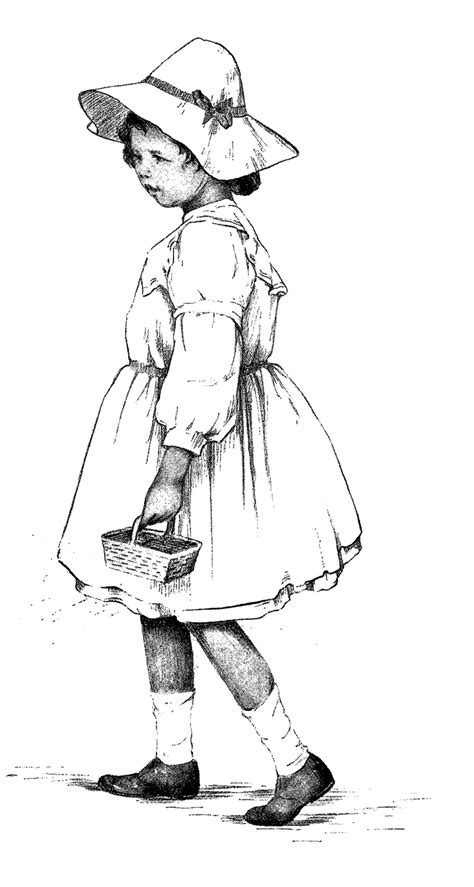 Digital Stamp Design: Antique Girl Illustrations Pencil Artwork Drawing Illustrations Dress Bonnets