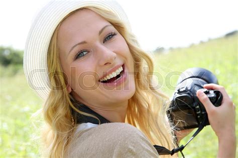 Portrait Of Adventure Girl Using Photo Stock Image Colourbox