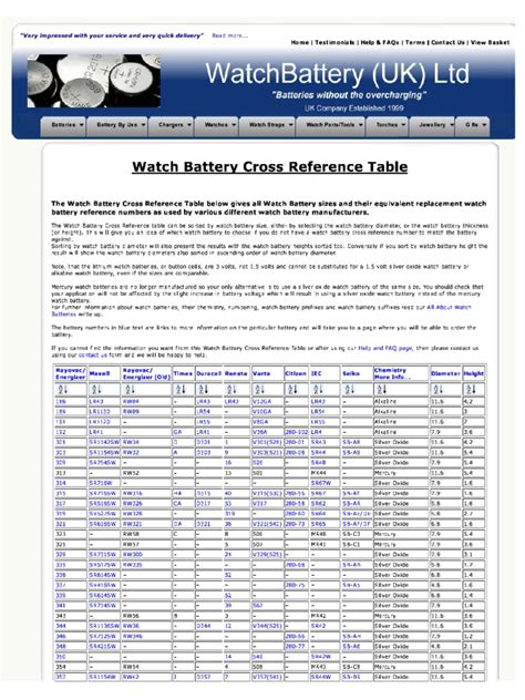 Watch Battery Cross Reference Table Chart For All Watch Batteries Pdf