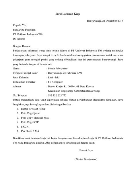 Apalagi bila anda sudah berkeluarga dan anda adalah seorang suami. Contoh Surat Lamaran Kerja Pt Unilever - Contoh Seputar Surat