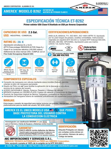 Ficha Tecnica Extintor Amerex Clase K 25 Galones Modelo B262 13 De