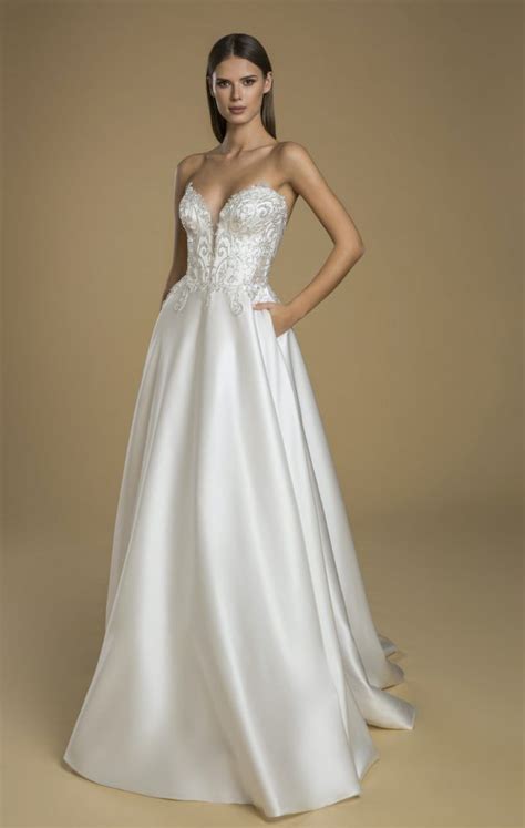 Strapless A Line Satin Skirt Wedding Dress With Lace Embellished Bodice
