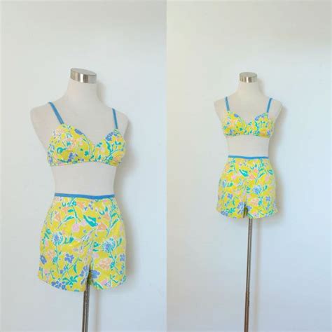 Vintage 1960s Swimsuit 60s Yellow Floral Bikini High Etsy Blue