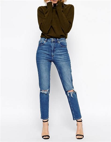 asos asos farleigh high waist slim mom jeans in mid wash blue with busted knees