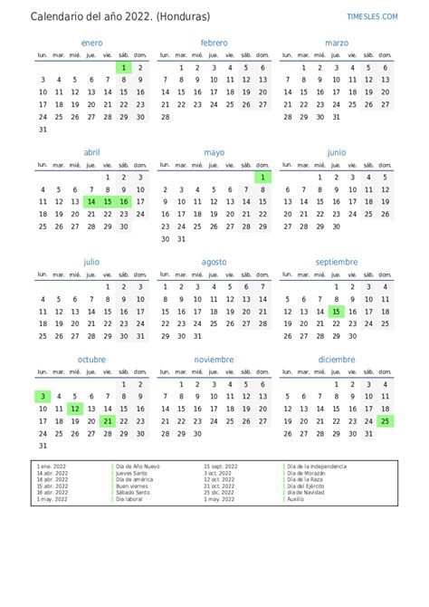 Calendario 2022 Con Días Festivos En Honduras Imprimir Y Descargar