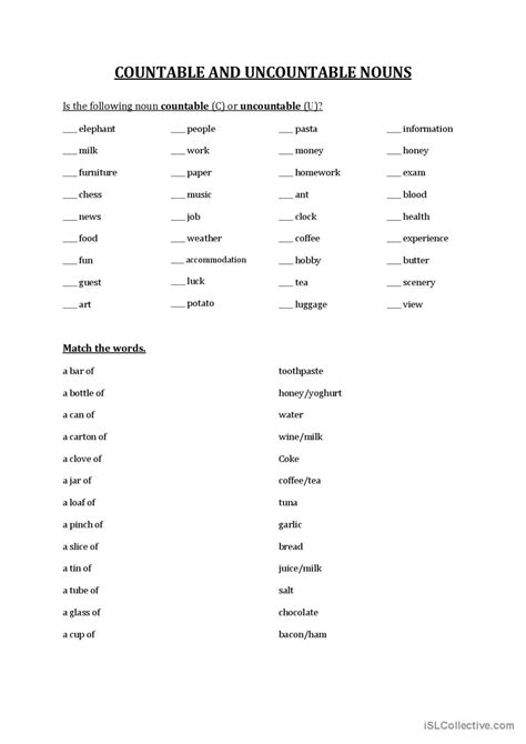 Countable And Uncountable Nouns Gene English Esl Worksheets Pdf And Doc