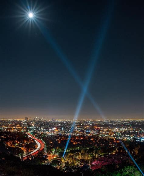 Spotlights Over Hollywood City Lights At Night Night Light Gas