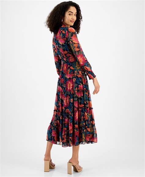 Msk Womens Floral Print Smocked Tiered Maxi Dress Macys