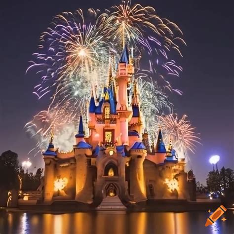 Night View Of Disneyland Castle With Fireworks On Craiyon