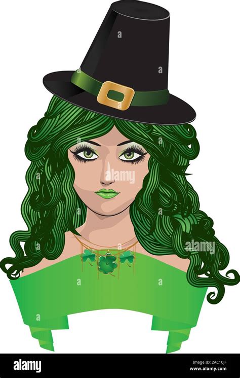 Illustration Of Girl With Green Hair And Black Hat Leprechaun Girl