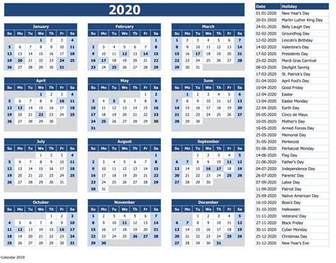 2020 Holidays Printable List Example Calendar Printable