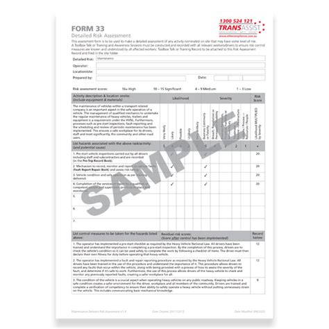 Form 33 Detailed Risk Assessment Maintenance Elite Compliance