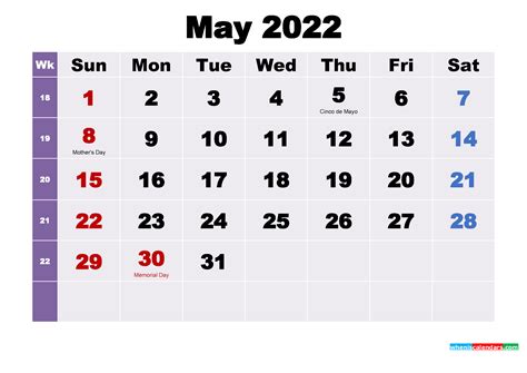Printable May 2022 Calendar With Holidays Word Pdf