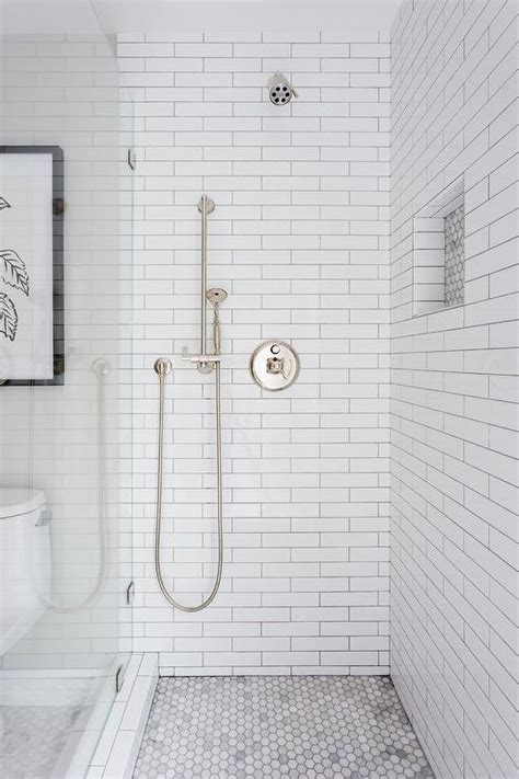 Long White Subway Tiles With Marble Hex Shower Floor Transitional