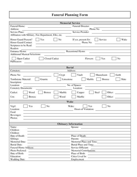 easy to edit funeral planning checklist printable form microsoft word funeral planner form