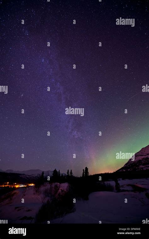 Aurora Borealis And Milky Way Over Carcross Yukon Canada Stock Photo
