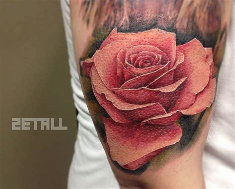 Realistic Pink Rose Tattoo On The Right Upper Arm