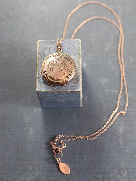 Antique Rose Gold Locket Necklace Vintage Round 9ct Back And Front Pink Gold Floral Swirl