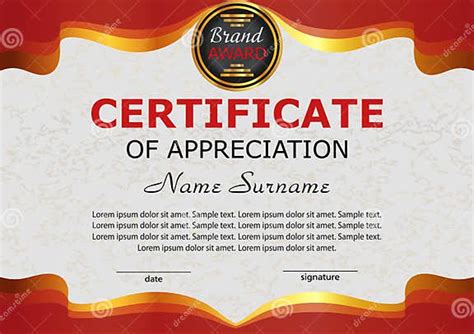 Certificate Appreciation Elegant Red Template Reward Stock Vector