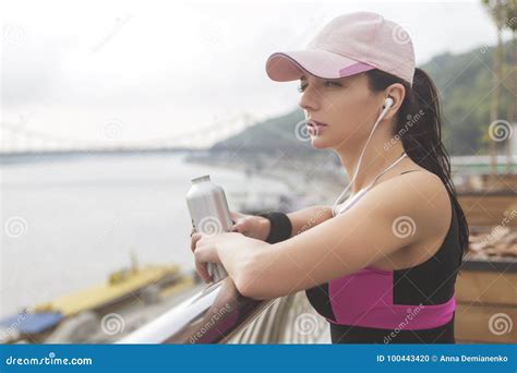 Brunette Slim Adult Fit Sporty Caucasian Woman In Sportswea Stock Photo