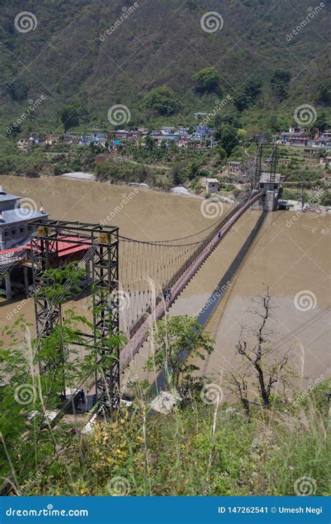 Suspension Bridge In The Middle Of Alaknanda River India Stock Image