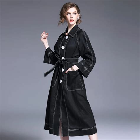 Womens Black Trench Coat British Style Single Breasted Mid Long Trench Outerwear Elegant Female