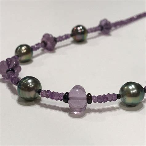 Cultured Tahitian Pearl And Amethyst Bead Choker Necklace 14k Etsy