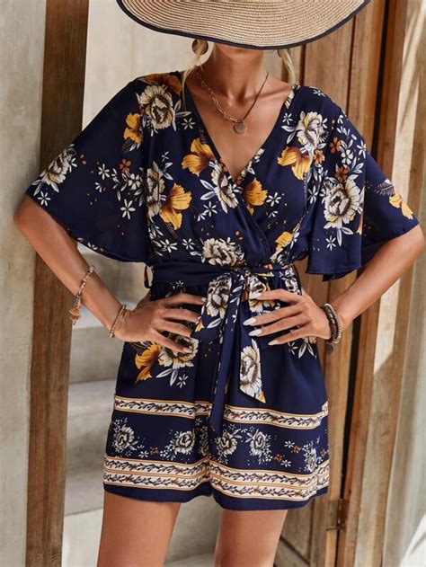 Shein Lune Floral Print Butterfly Sleeve Belted Romper Shein Usa