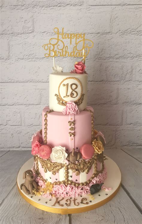 Birthday cakes are so yummy and can also be so beautifully customised these days they are a gauranteed conversation starter and the talk of the night. Pink and Gold 18th birthday cake with sugarpaste dogs | 18th birthday cake