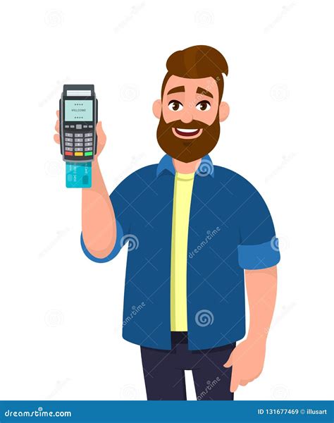 Man Showing Holding Credit Debit Card Inserted Pos Terminal Machine