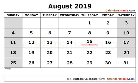 August 2019 Calendar Holidays