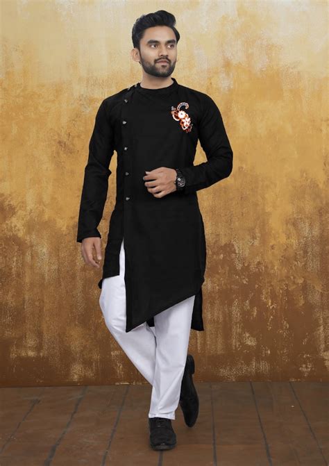 Available Mens Cross Style Black Kurta With Embroidery Set Navastrani Boutique