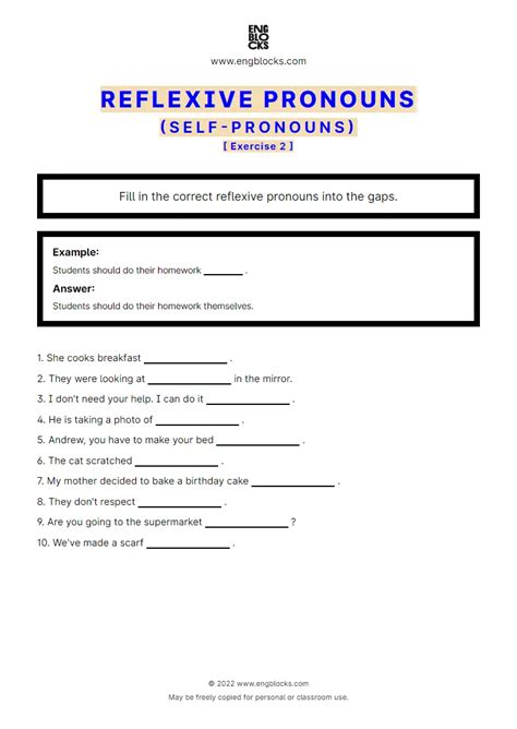 Reflexive Pronouns Self Pronouns Exercise Worksheet English