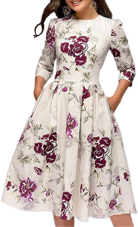 Simple Flavor Womens Floral Vintage Dress Elegant Midi Evening Dress 34 Sleeves Kleider